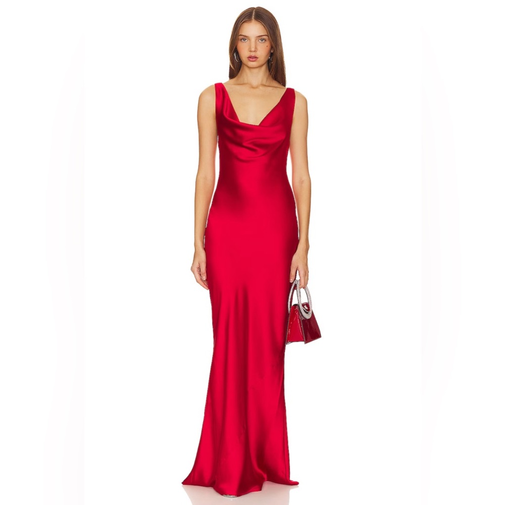 Norma Kamali Deep Drape Neck Gown in Tiger Red